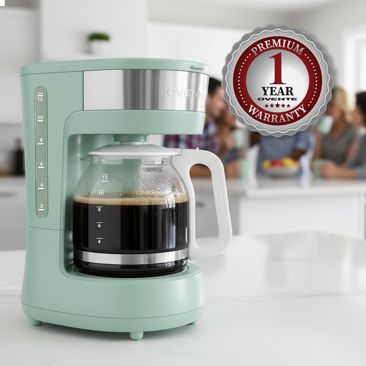 OVENTE 12-Cup Drip Coffee Maker with Borosilicate Glass Carafe, One-Touch Operation Machine, Anti-Drip System, Reusable Filter and Clear View Water Gauge, Ideal for Home or Office, Light Teal CM412LBL