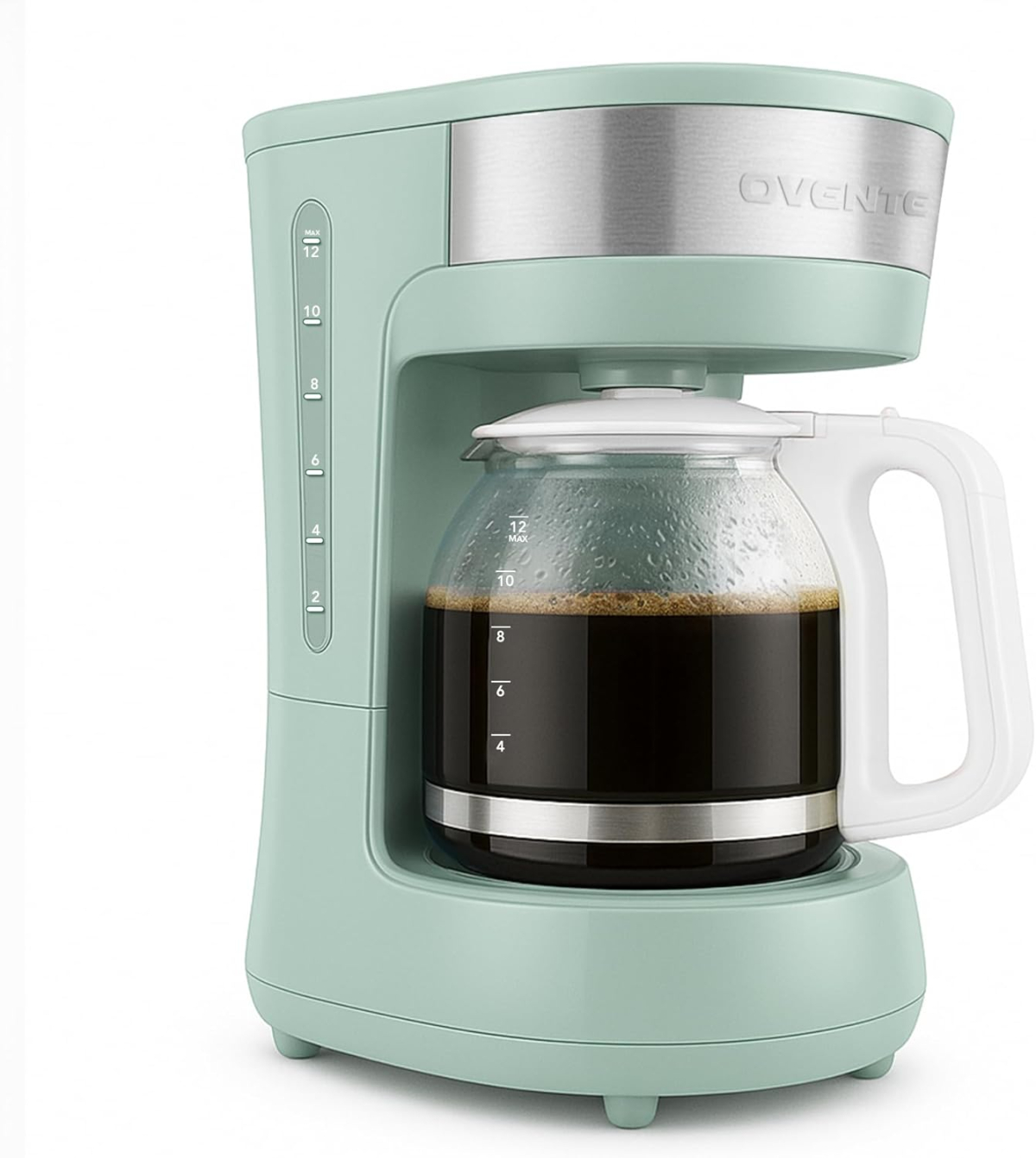 OVENTE 12-Cup Drip Coffee Maker with Borosilicate Glass Carafe, One-Touch Operation Machine, Anti-Drip System, Reusable Filter and Clear View Water Gauge, Ideal for Home or Office, Light Teal CM412LBL