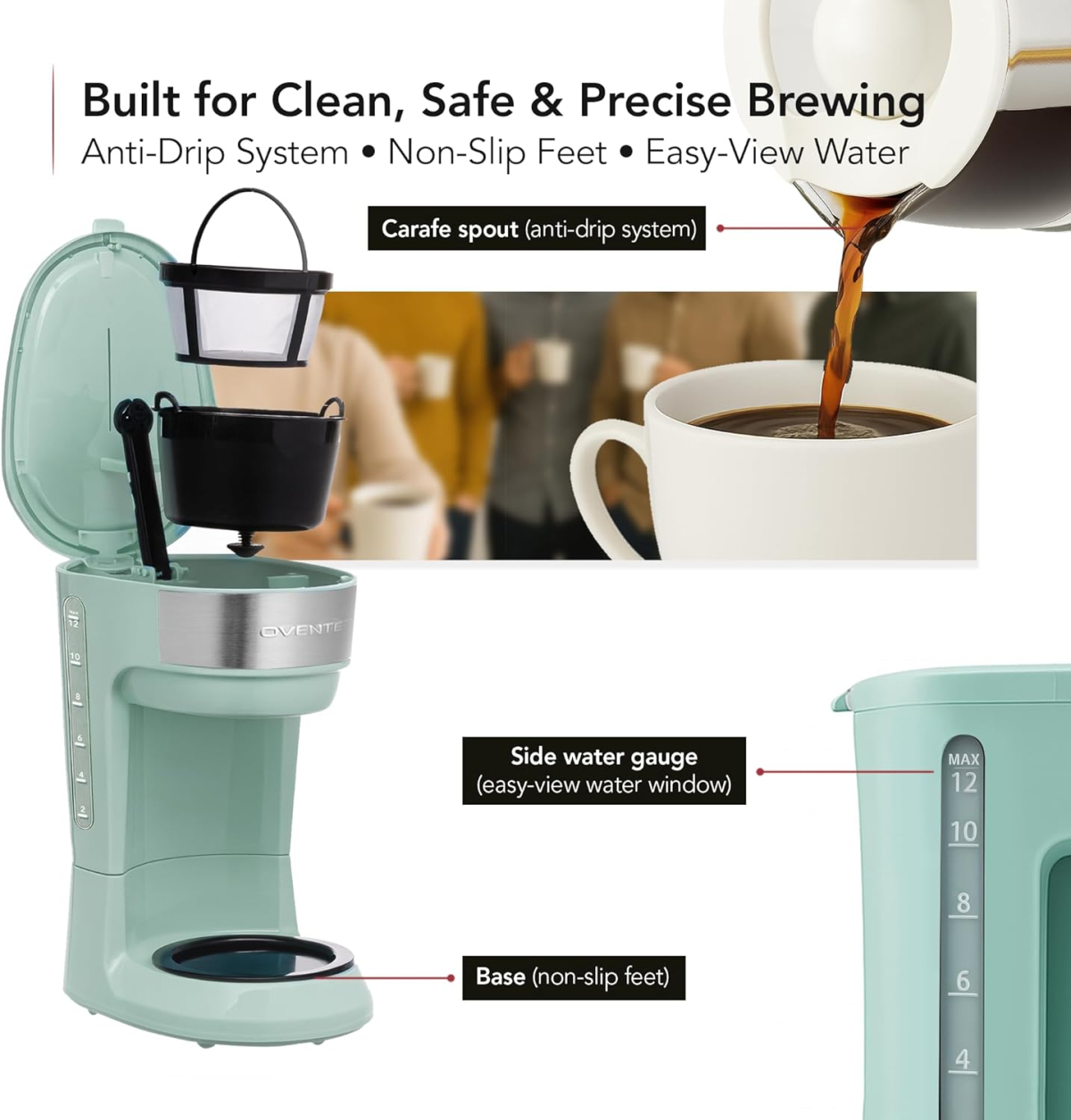 OVENTE 12-Cup Drip Coffee Maker with Borosilicate Glass Carafe, One-Touch Operation Machine, Anti-Drip System, Reusable Filter and Clear View Water Gauge, Ideal for Home or Office, Light Teal CM412LBL