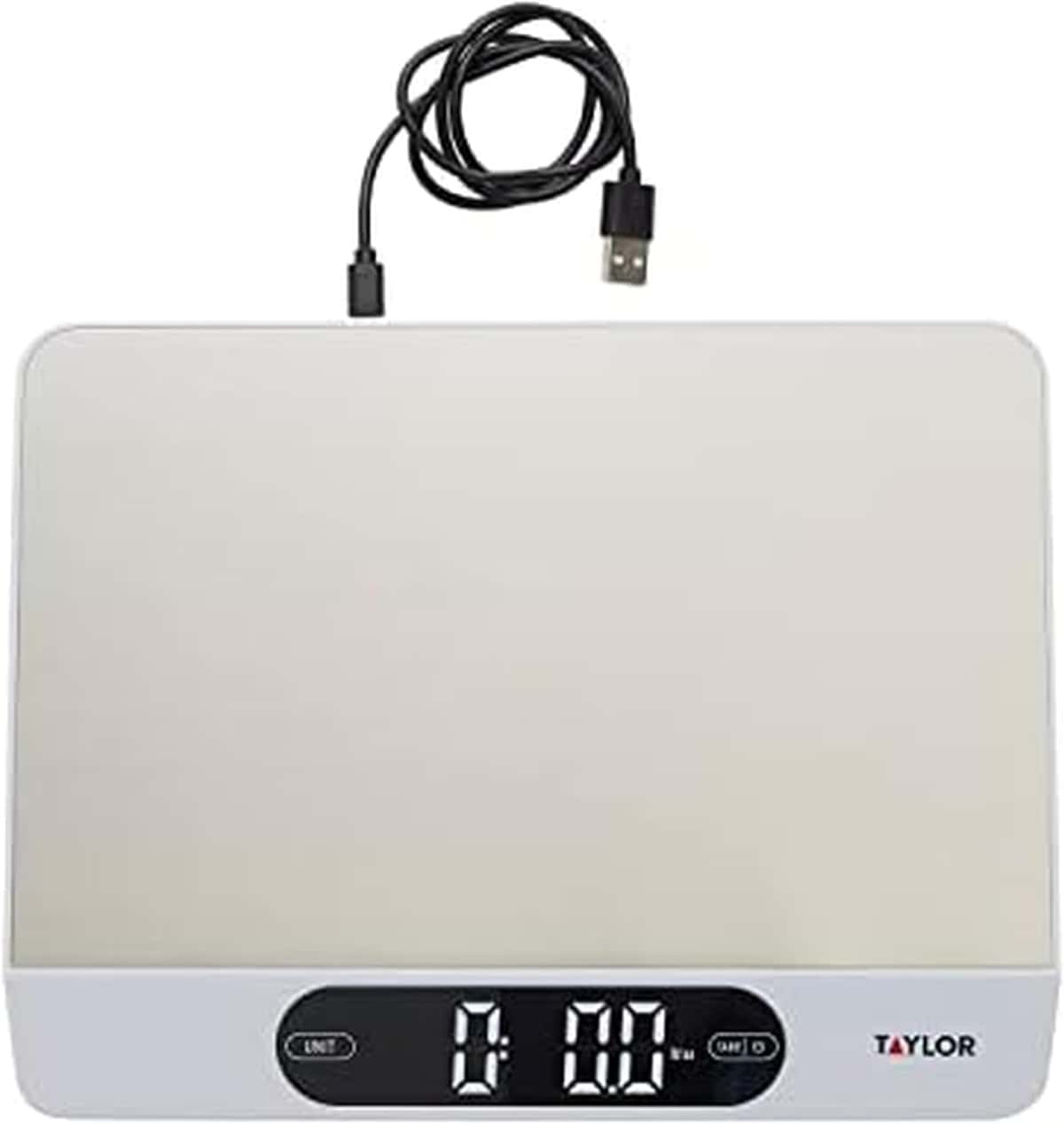 Taylor 22LB High Capacity Kitchen Food Scale with Stainless Steel Surface, Backlit Display, and USB Recharging Cord Included, White