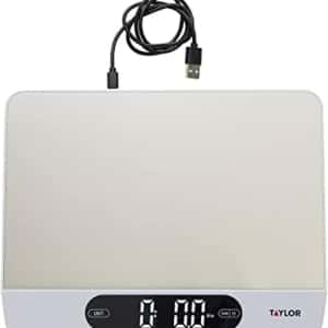 Taylor 22LB High Capacity Kitchen Food Scale with Stainless Steel Surface, Backlit Display, and USB Recharging Cord Included, White