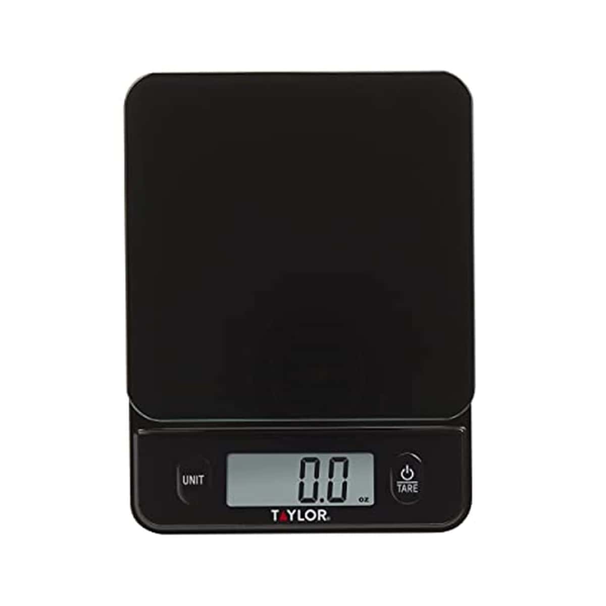 Taylor Glass Top Food Scale with Touch Controls, 11 lb Capacity, Sleek Black Design for Precision Food Measurement in Grams and Ounces