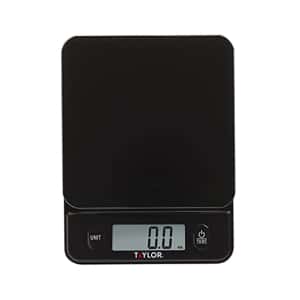 Taylor Glass Top Food Scale with Touch Controls, 11 lb Capacity, Sleek Black Design for Precision Food Measurement in Grams and Ounces