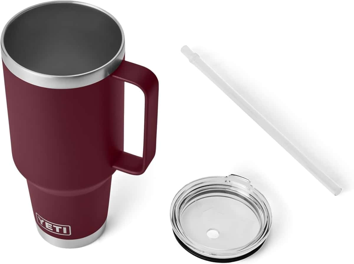 YETI Rambler 42 oz Tumbler with Handle and Straw Lid, Travel Mug Water Tumbler, Vacuum Insulated Cup with Handle, Stainless Steel, Wild Vine Red