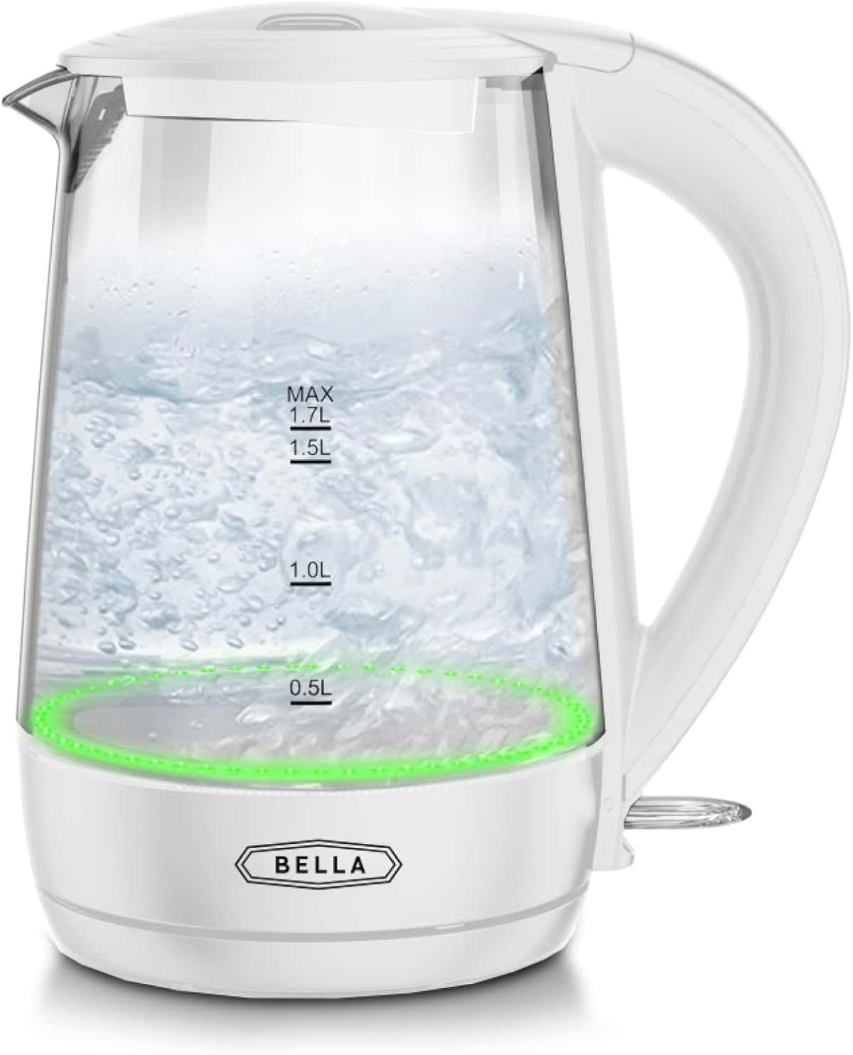 BELLA 1.7 Liter Glass Electric Kettle, Quickly Boil 7 Cups of Water in 6-7 Minutes, Soft Green LED Lights Illuminate While Boiling, Cordless Portable Water Heater, Carefree Auto Shut-Off, White