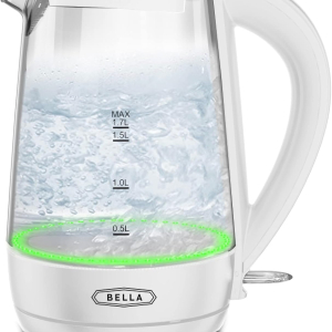 BELLA 1.7 Liter Glass Electric Kettle, Quickly Boil 7 Cups of Water in 6-7 Minutes, Soft Green LED Lights Illuminate While Boiling, Cordless Portable Water Heater, Carefree Auto Shut-Off, White