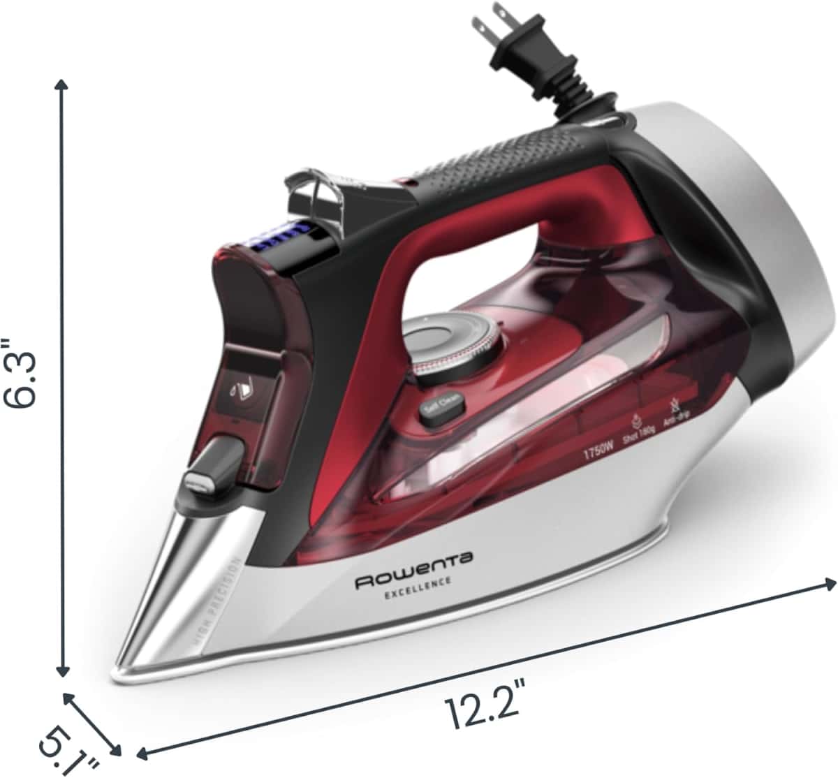 Rowenta Iron, Focus Excellence Stainless Steel Soleplate Steam Iron for Clothes, Retractable Cord, 400+ Microsteam Holes, Powerful steam, LED Display, 1750 W Ironing Clothes, Cordreel, Red DW5433