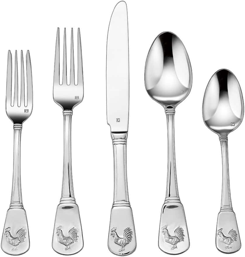 Cuisinart CFE-01-FR20 60-Piece Stainless Steel Flatware Set – French Rooster Pattern, Heavy-Gauge Handcrafted Silverware, Dishwasher Safe