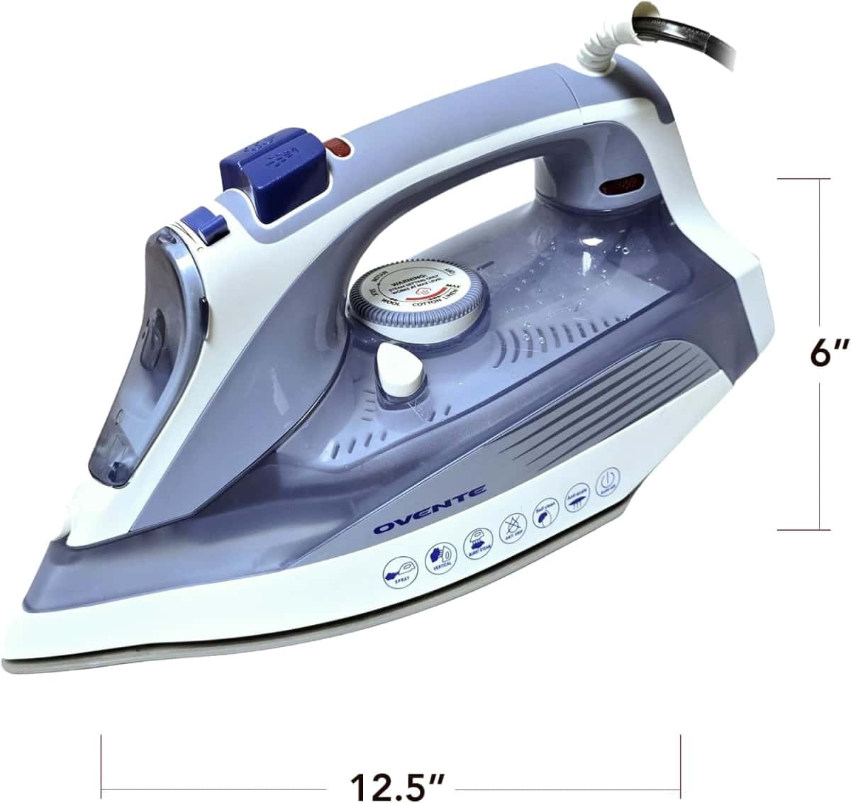 OVENTE Steam Iron for Clothes, 1200W Flat Iron with Non-Stick Ceramic Soleplate, Precise Thermostat Dial, Auto Shutoff, Self-Cleaning, Anti-Drip & 11.83oz Water Tank for Ironing Fabrics, Blue IRNL77BL