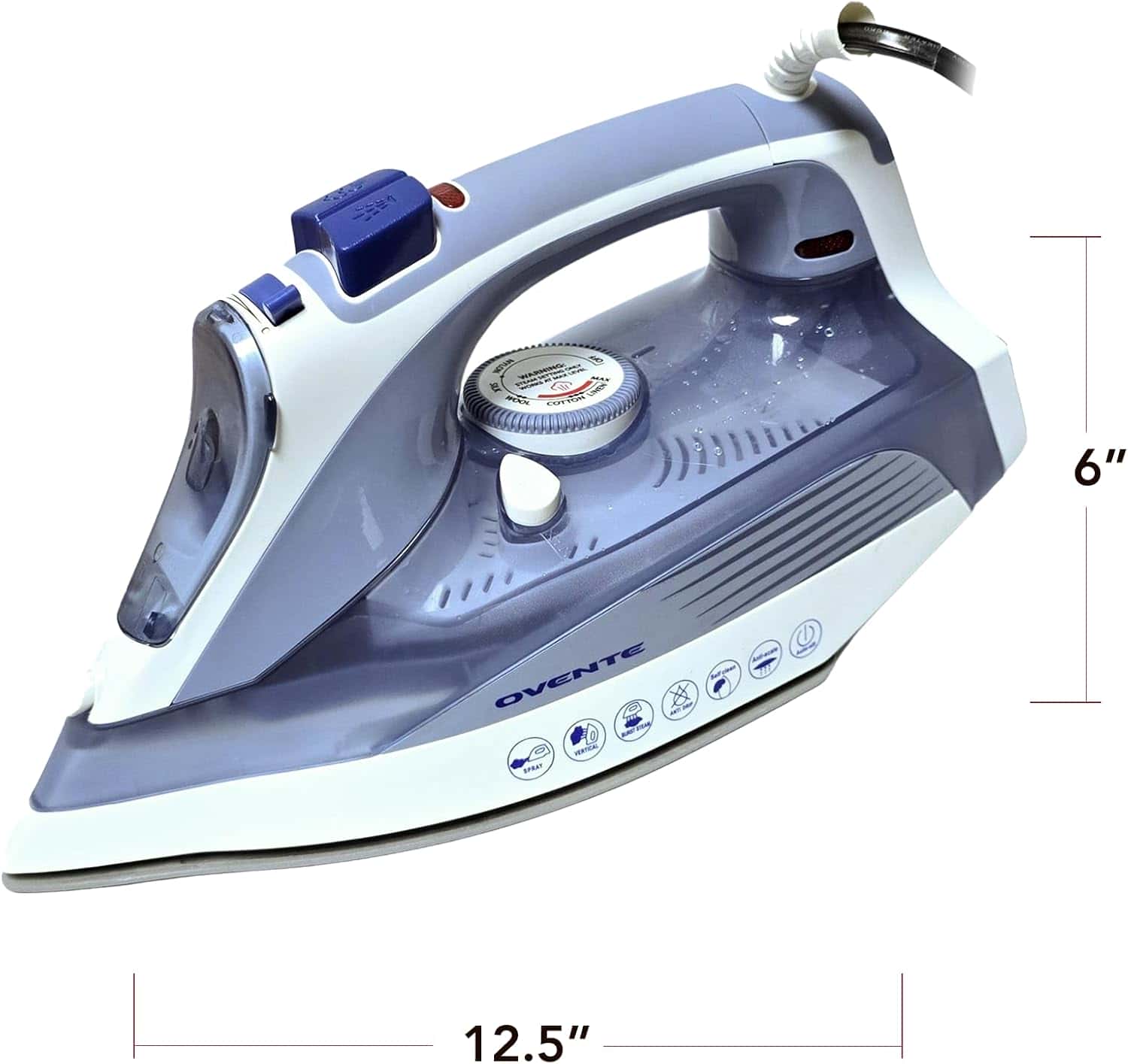 OVENTE Steam Iron for Clothes, 1200W Flat Iron with Non-Stick Ceramic Soleplate, Precise Thermostat Dial, Auto Shutoff, Self-Cleaning, Anti-Drip & 11.83oz Water Tank for Ironing Fabrics, Blue IRNL77BL