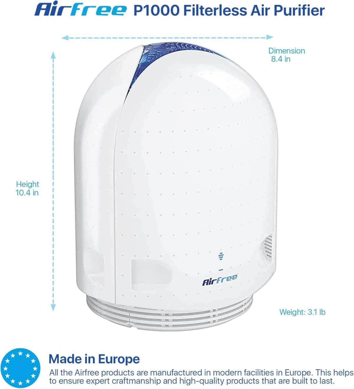 Airfree P1000 Filterless Silent Air Purifier for Home I Requires No Filter, Fan, or Humidifier, Covers 450 sq ft - White