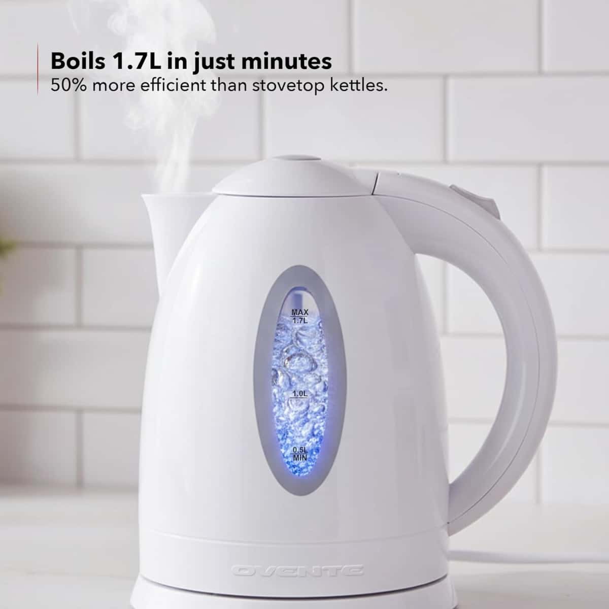 OVENTE Electric Kettle, 1.7L Fast Boiling Water Heater for Coffee or Tea, BPA Free with Water Level Gauge, Auto Shut-Off, Boil-Dry Protection, Indicator Light and Removable Filter, White KP72W