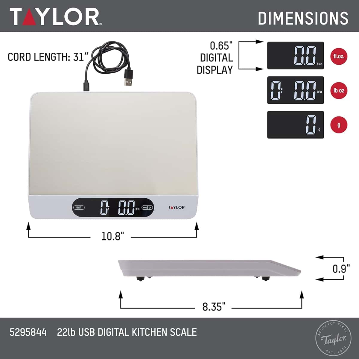 Taylor 22LB High Capacity Kitchen Food Scale with Stainless Steel Surface, Backlit Display, and USB Recharging Cord Included, White