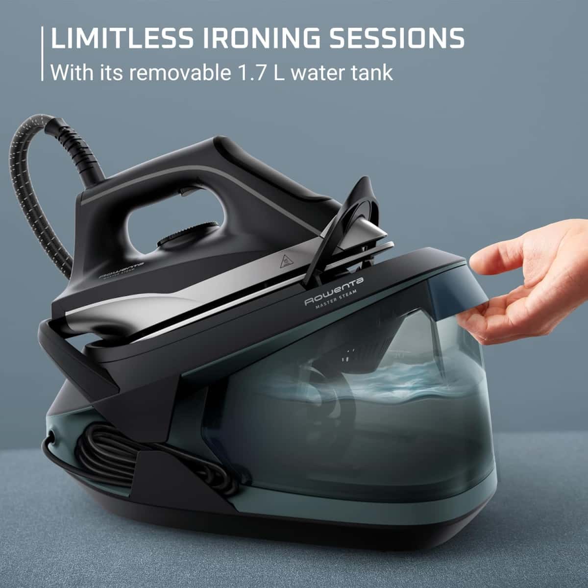 Rowenta Iron Steamer for Clothes Master Steam Station, Professional Steam Iron for Clothes with Stainless Steel Soleplate, 57 Oz, 400 Microsteam Holes, Built-In Pump, 1750 Watts, Black/Green, VR8338