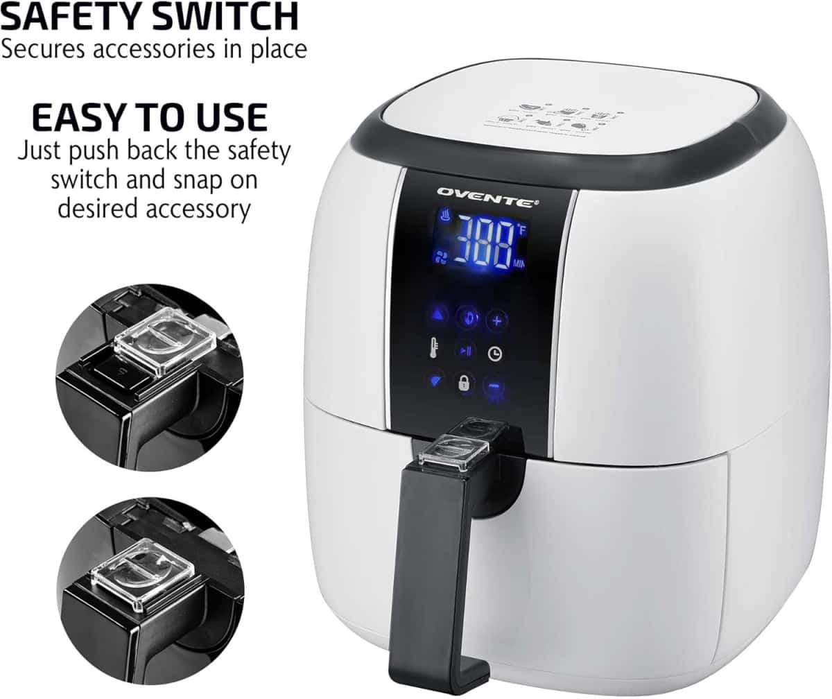 OVENTE Compact Air Fryer, 3.2 Quart Electric Hot Cooker with 1400W Power, Digital LED Touch Screen, Auto Shutoff, Dishwasher Safe Non-Stick Basket, Perfect for Healthy & Oilless Food, White FAD61302W