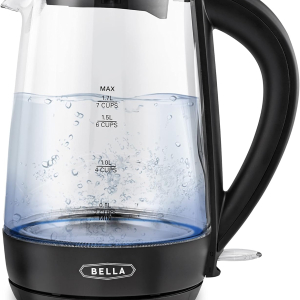 bella 1.7 Liter Glass Electric Kettle, Quickly Boil 7 Cups of Water in 6-7 Minutes, Soft Blue LED Lights Illuminate While Boiling, Cordless Portable Water Heater, Carefree Auto Shut-Off, Black