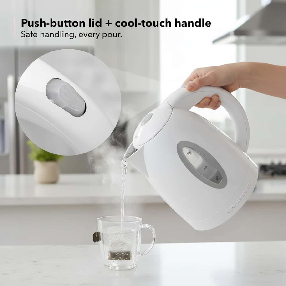 OVENTE Electric Kettle, 1.7L Fast Boiling Water Heater for Coffee or Tea, BPA Free with Water Level Gauge, Auto Shut-Off, Boil-Dry Protection, Indicator Light and Removable Filter, White KP72W