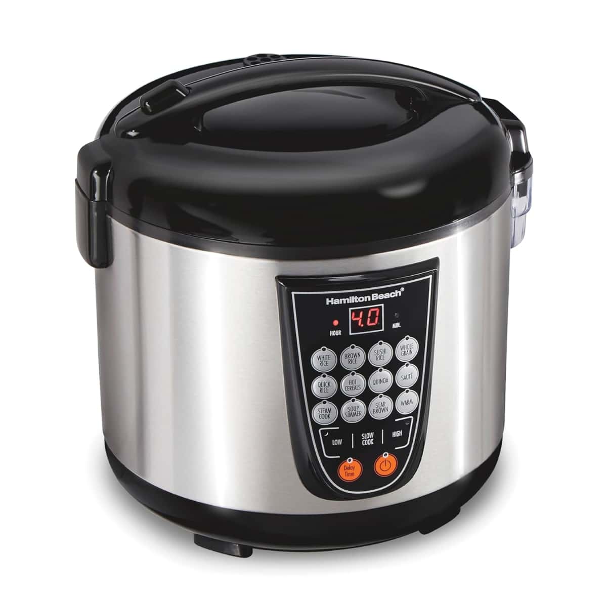 Hamilton Beach Digital Programmable Rice and Slow Cooker & Food Steamer, 20 Cups Cooked (10 Cups Uncooked), 14 Pre-Programmed Settings for Sear Sauté, Hot Cereal, Soup, Nonstick Pot, Stainless Steel (37571MN)