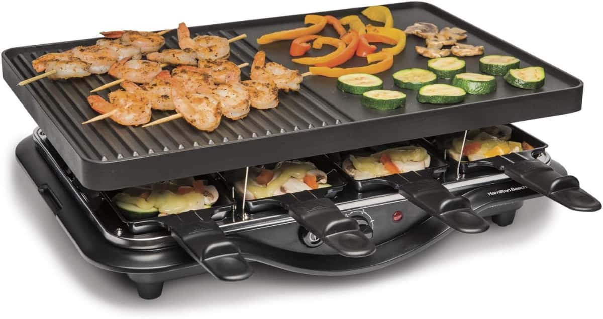 Hamilton Beach Electric Indoor Raclette Table Grill, 200 sq. in. PFAS-Free Nonstick Griddle Serves up to 8 People for Parties and Family Fun, Includes 8 Warming Trays, Black (31612MN-MX)