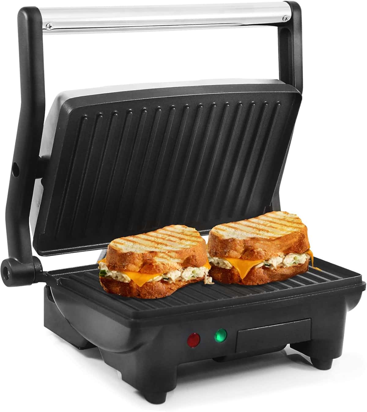 Elite Gourmet EPN-2976 2-in-1 Nonstick Panini Press & Indoor Grill, Opens 180-Degree Gourmet Sandwich Maker, Floating Hinge Fits All Foods, Contact Grill with Removable Grease Tray, Stainless Steel