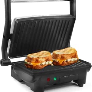 Elite Gourmet EPN-2976 2-in-1 Nonstick Panini Press & Indoor Grill, Opens 180-Degree Gourmet Sandwich Maker, Floating Hinge Fits All Foods, Contact Grill with Removable Grease Tray, Stainless Steel
