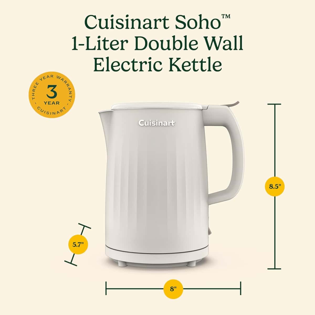 Cuisinart Soho 1-Liter Double Wall Electric Hot Water Kettle, Tea Kettle with Stainless Steel Interior, One Touch Operation to Boil Water for Tea, Hot Cocoa, or Instant Oatmeal, CK-10TR, Truffle