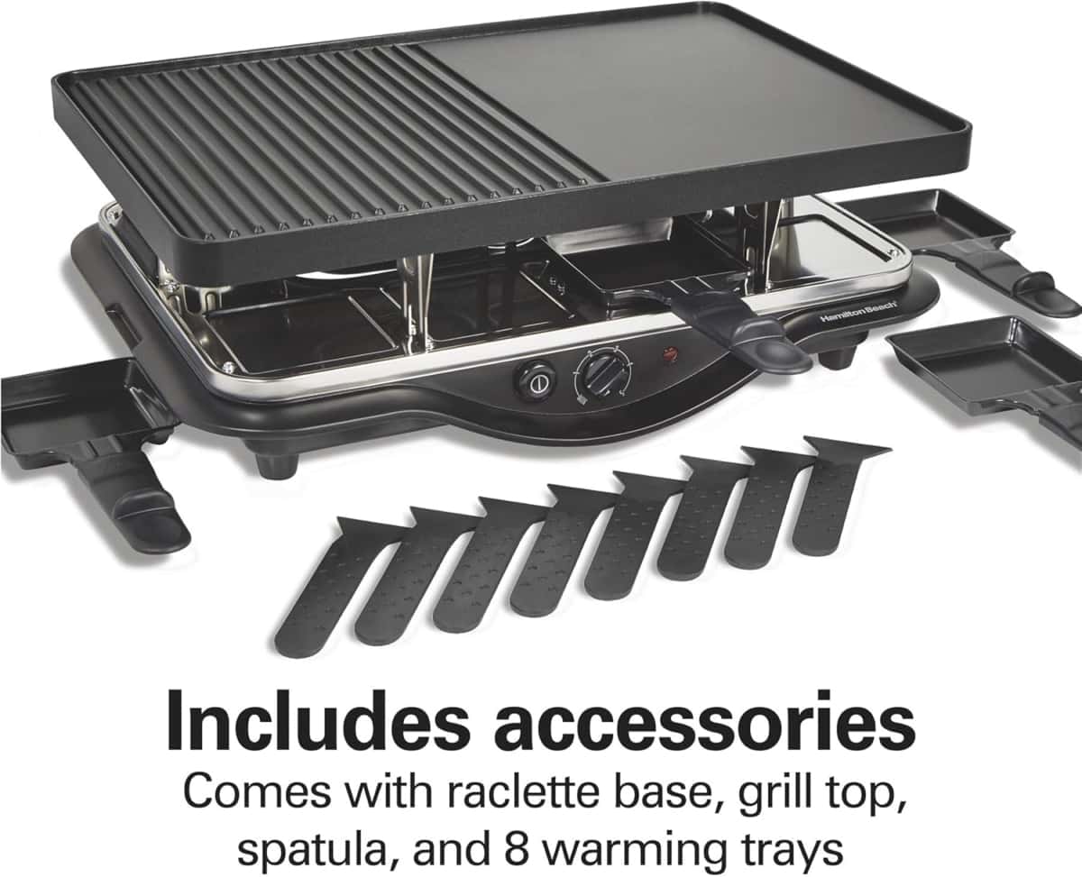 Hamilton Beach Electric Indoor Raclette Table Grill, 200 sq. in. PFAS-Free Nonstick Griddle Serves up to 8 People for Parties and Family Fun, Includes 8 Warming Trays, Black (31612MN-MX)