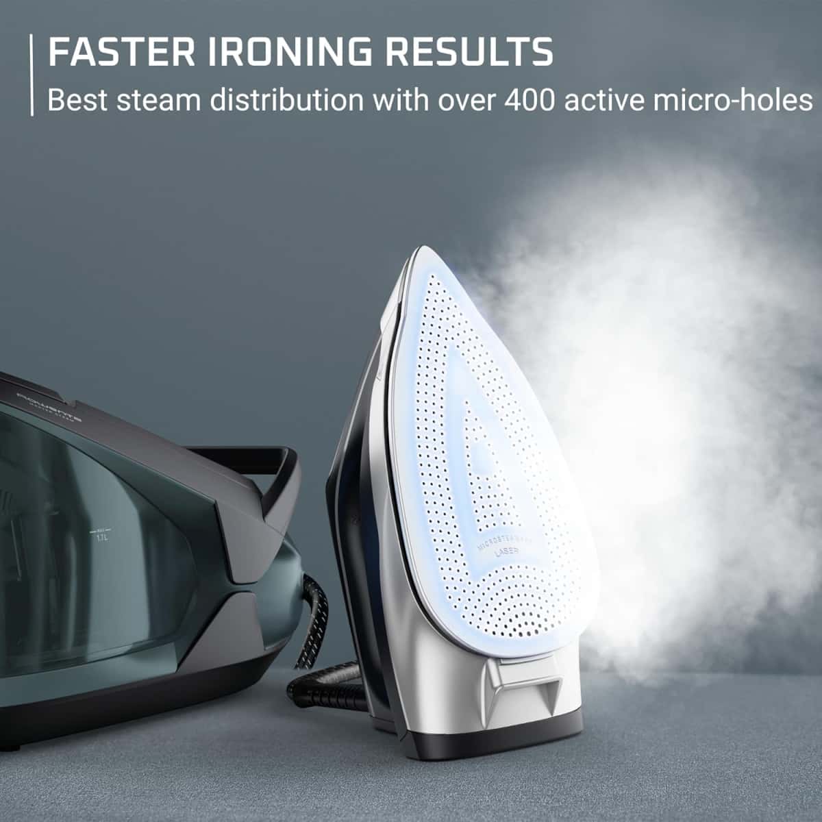 Rowenta Iron Steamer for Clothes Master Steam Station, Professional Steam Iron for Clothes with Stainless Steel Soleplate, 57 Oz, 400 Microsteam Holes, Built-In Pump, 1750 Watts, Black/Green, VR8338