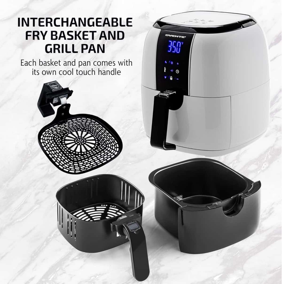 OVENTE Compact Air Fryer, 3.2 Quart Electric Hot Cooker with 1400W Power, Digital LED Touch Screen, Auto Shutoff, Dishwasher Safe Non-Stick Basket, Perfect for Healthy & Oilless Food, White FAD61302W
