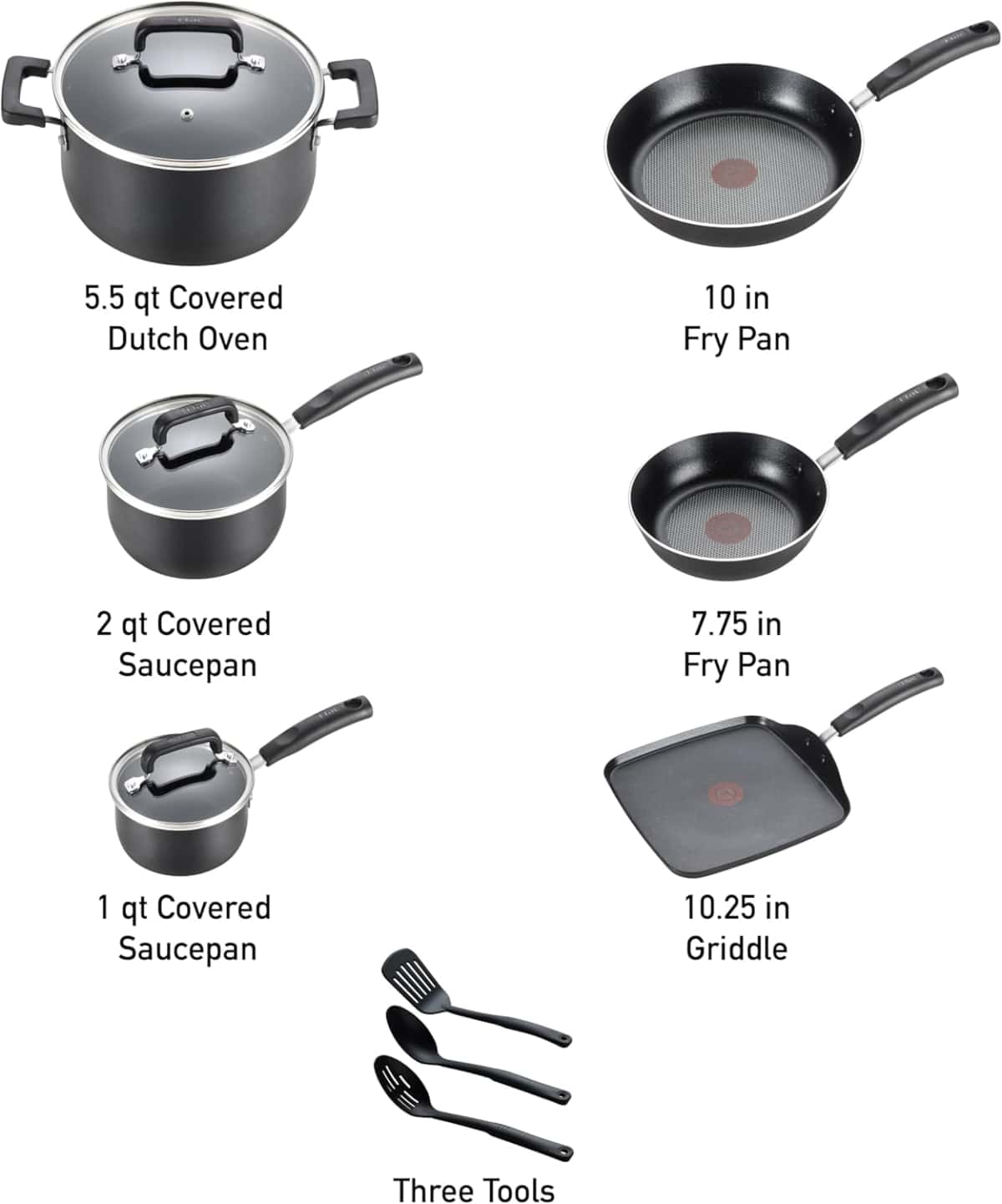 T-fal Signature Nonstick Cookware Set 12 Piece, Oven Broiler Safe 350F, Pots and Pans, Kitchen Cooking Set w/Fry Pans, Saucepans, Saute Pan, Dutch Oven, Griddle, Kitchen, Home, Dishwasher Safe, Black