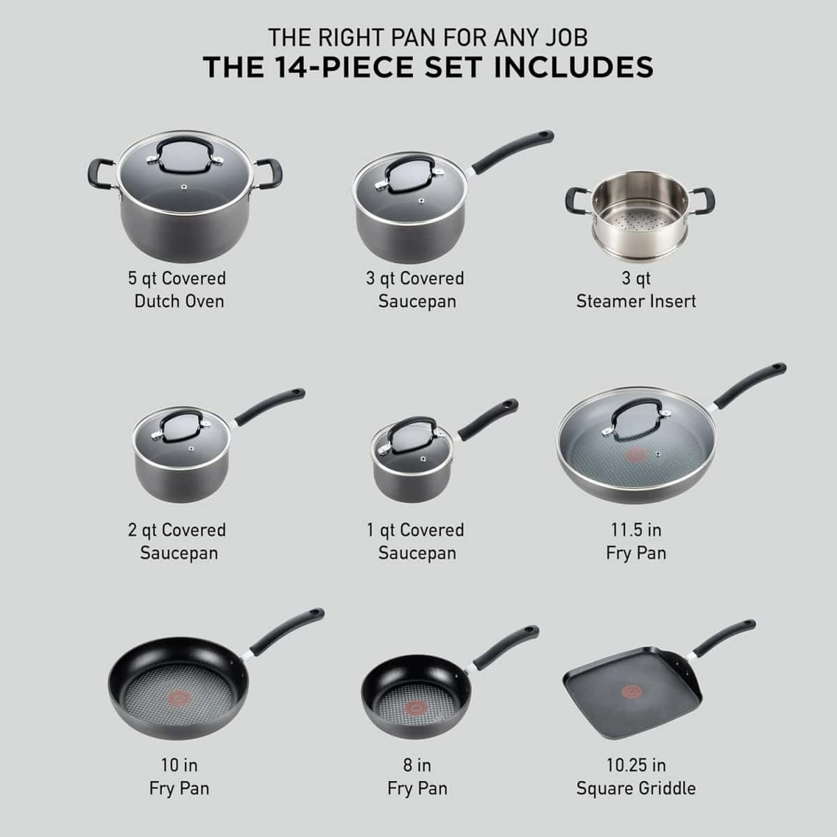 T-fal Ultimate Hard Anodized Nonstick Cookware Set 14 Piece, Oven Broiler Safe 400F, Lid Safe 350F, Kitchen Cooking Set w/Fry Pans, Saucepans, Griddle, Dutch Oven, Pots & Pans, Dishwasher Safe, Black