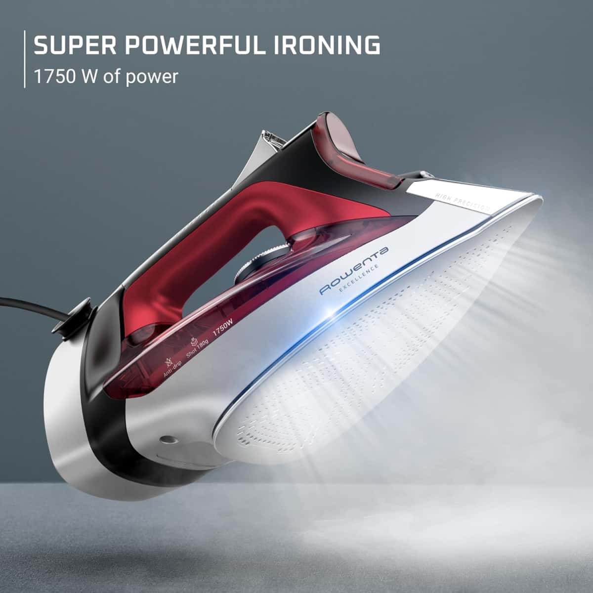 Rowenta Iron, Focus Excellence Stainless Steel Soleplate Steam Iron for Clothes, Retractable Cord, 400+ Microsteam Holes, Powerful steam, LED Display, 1750 W Ironing Clothes, Cordreel, Red DW5433