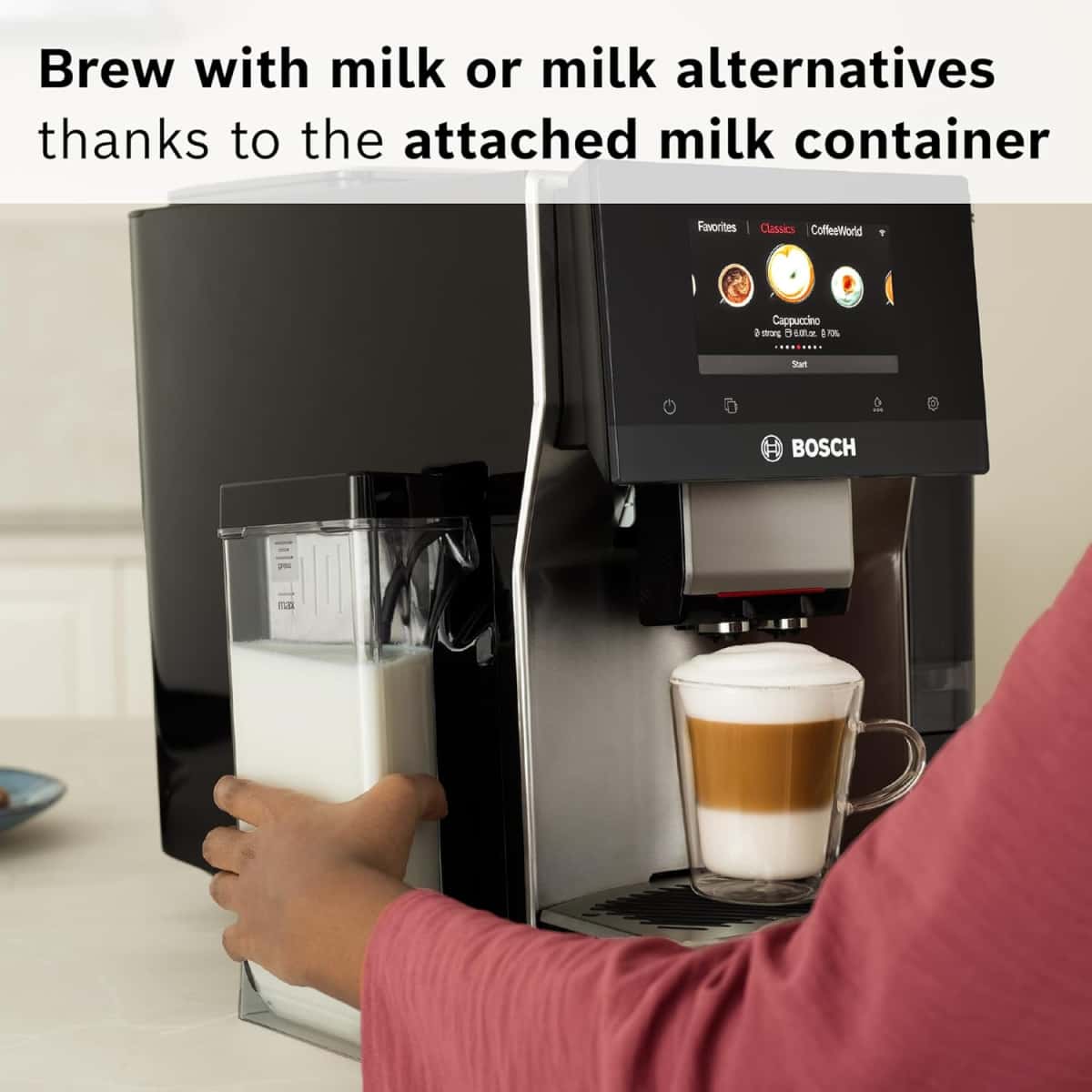 Bosch 800 Series Fully Automatic Espresso and Coffee Machine – 36 Drinks with Coffee World, Cold Brew, Double Cup, Integrated Milk Container, Smart Features, in Silver TQU60307