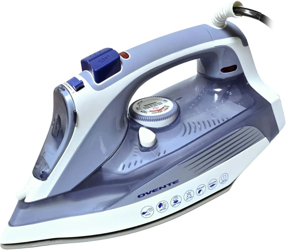OVENTE Steam Iron for Clothes, 1200W Flat Iron with Non-Stick Ceramic Soleplate, Precise Thermostat Dial, Auto Shutoff, Self-Cleaning, Anti-Drip & 11.83oz Water Tank for Ironing Fabrics, Blue IRNL77BL