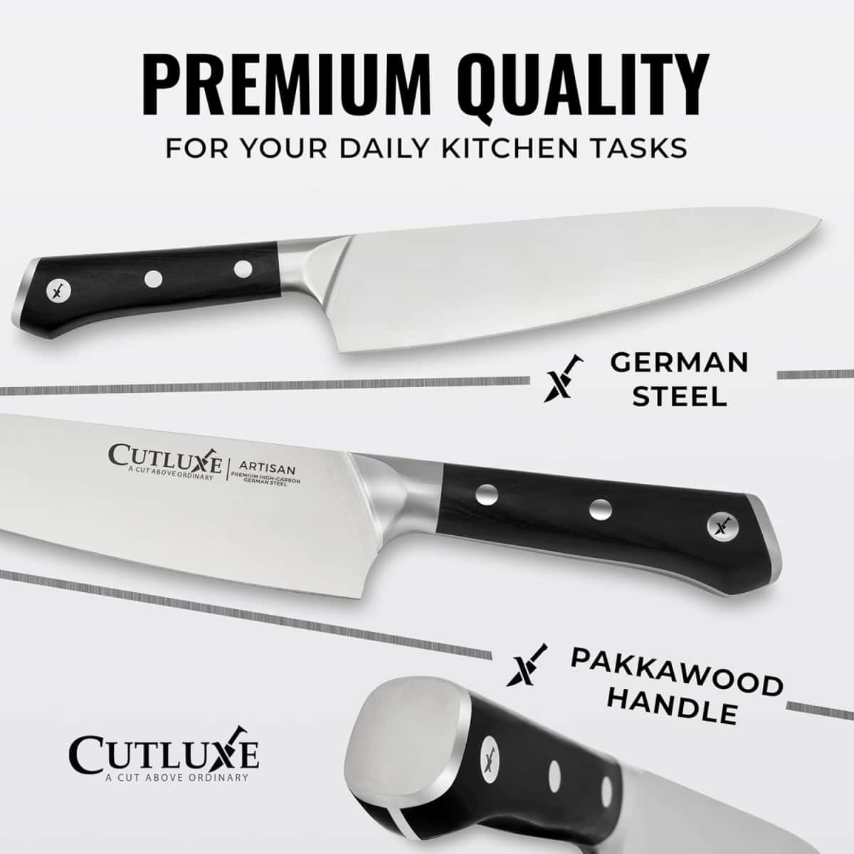 Cutluxe 15-Piece Knife Set – High Carbon German Steel Blades, Full Tang Design & Ergonomic Pakkawood Handles in Walnut Wood Block – Artisan Series