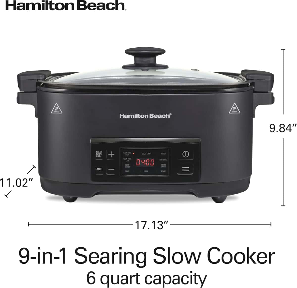 Hamilton Beach 6 Quart 9-in-1 Programmable Slow Cooker with Sear, Browning, Rice, Steam, Sauté, Roast Delay Start & Keep Warm Functions, Nonstick PFAS-Free Dishwasher Safe Crock, Black (33604)