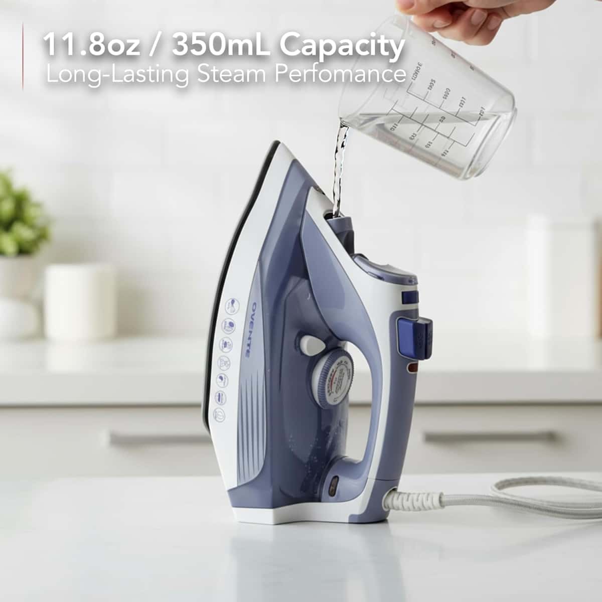 OVENTE Steam Iron for Clothes, 1200W Flat Iron with Non-Stick Ceramic Soleplate, Precise Thermostat Dial, Auto Shutoff, Self-Cleaning, Anti-Drip & 11.83oz Water Tank for Ironing Fabrics, Blue IRNL77BL