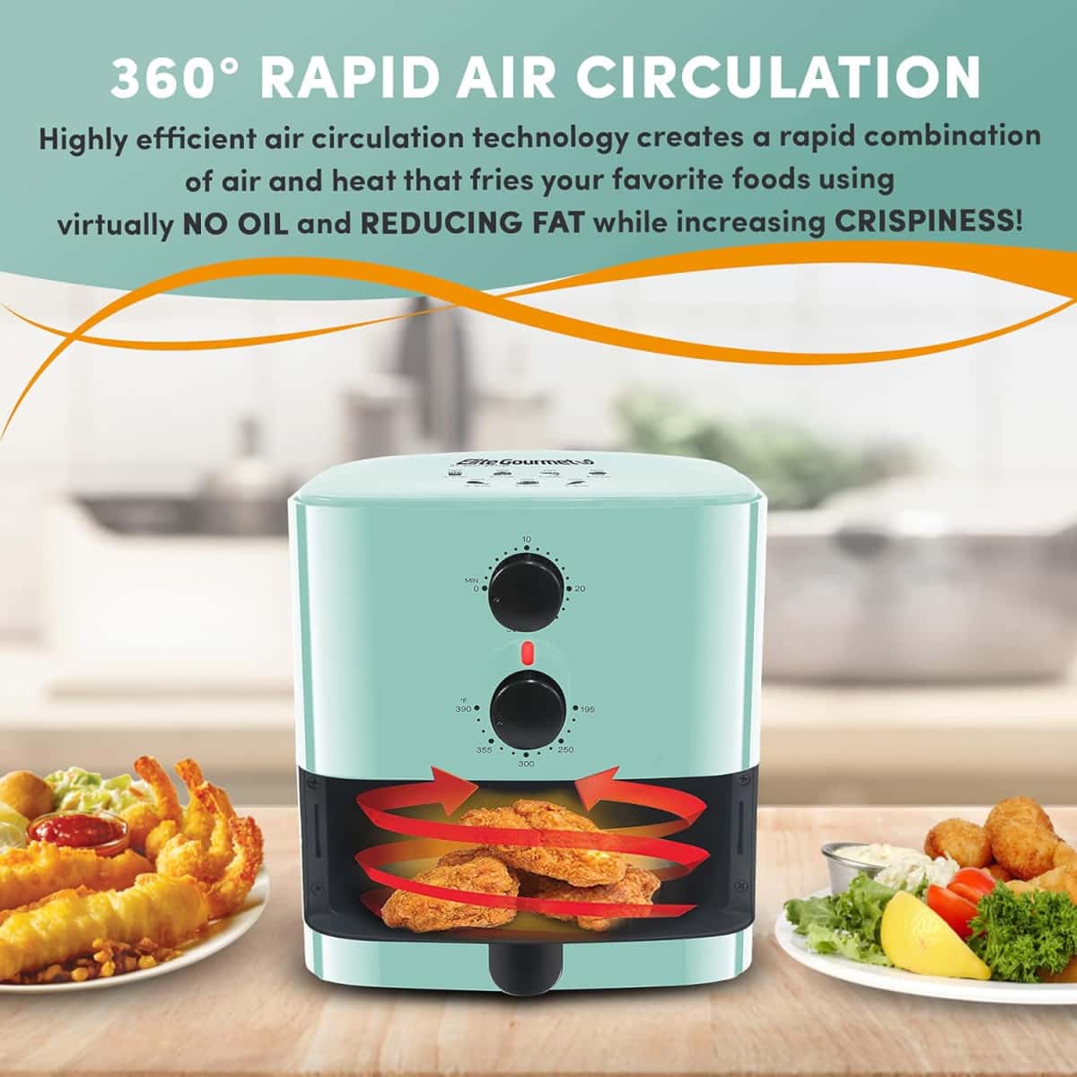 Elite Gourmet EAF-3218BL Personal 1.1Qt Compact Space Saving Electric Hot Air Fryer Oil-Less Healthy Cooker, Timer & Temperature Controls, PFOA Free, Mint