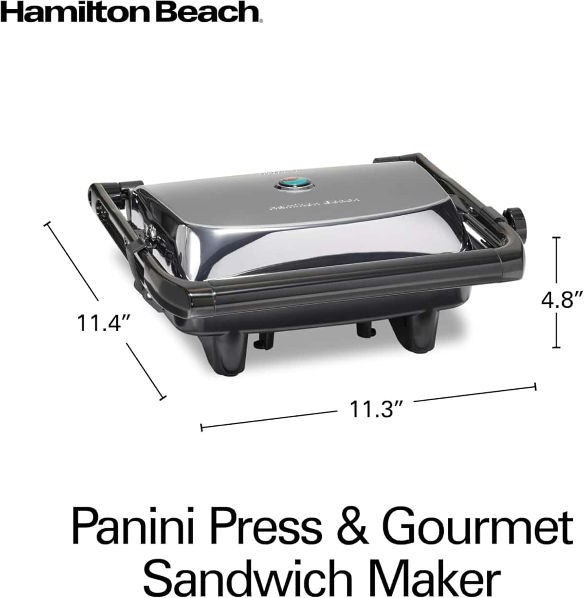 Hamilton Beach Panini Press Sandwich Maker & Electric Indoor Grill with Locking Lid, Opens Wide to Fit Any Thickness for Quesadillas, Burgers & More, Nonstick 8" x 10" Grids, Chrome (25460AG)