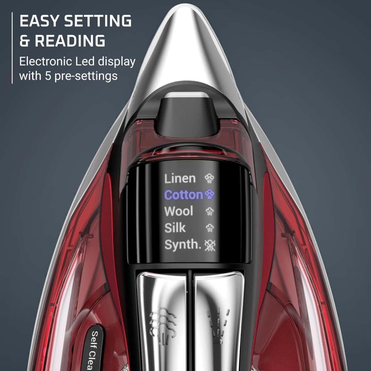 Rowenta Iron, Focus Excellence Stainless Steel Soleplate Steam Iron for Clothes, Retractable Cord, 400+ Microsteam Holes, Powerful steam, LED Display, 1750 W Ironing Clothes, Cordreel, Red DW5433