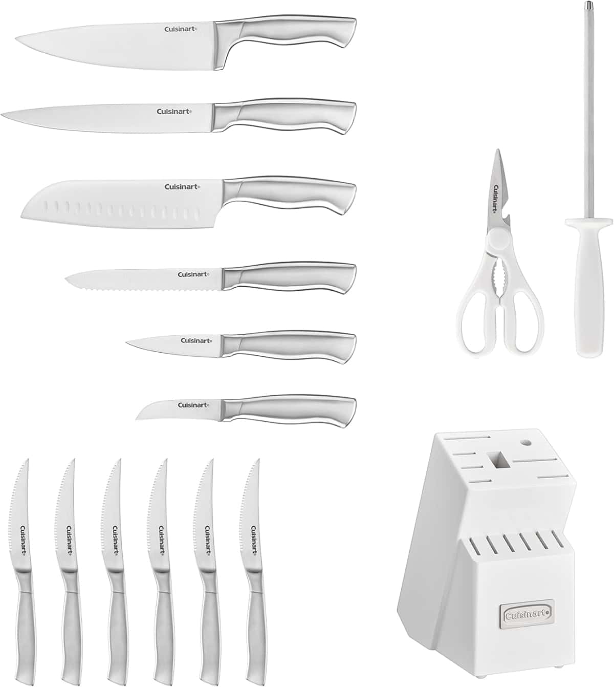 Cuisinart Professional Block Knife Set, 15pc Cutlery Knife Set with Steel Blades for Precise Cutting, Lightweight, Stainless Steel Durable & Dishwasher Safe, White