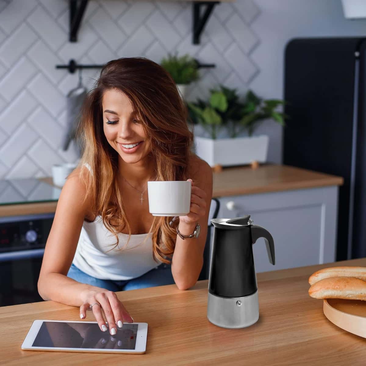 Mixpresso Black 6 Cup Greca Stovetop Espresso Pot 300ml/10oz, Moka Pot with Coffee Percolator Design, Stainless Steel Stove Top Coffee Maker for Camping or Home Use,Italian Stovetop Espresso Maker