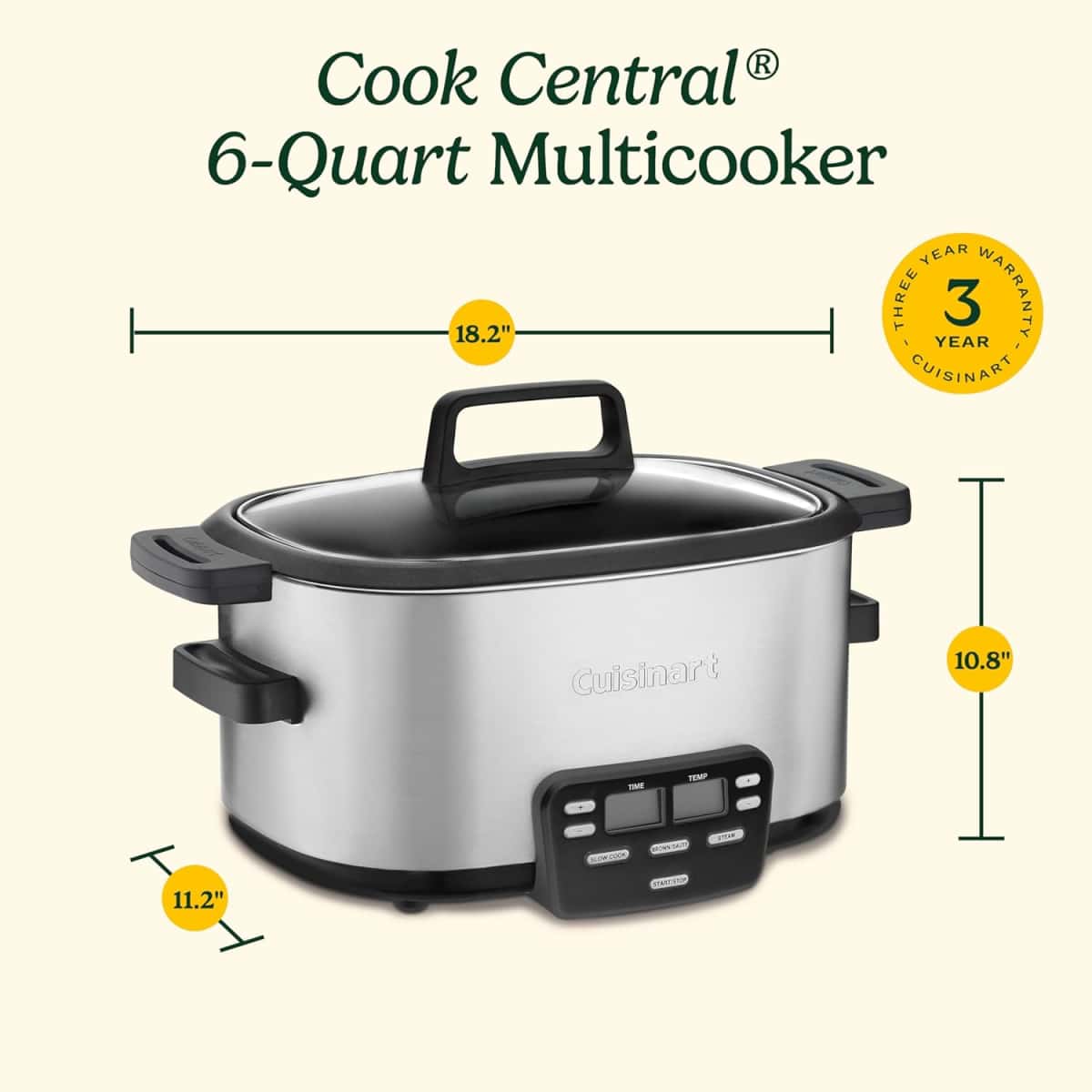 Cuisinart 3-In-1 Cook Central 6-Quart Multi-Cooker: Slow Cooker, Brown/Saute, Steamer, MSC-600 NAS, Silver