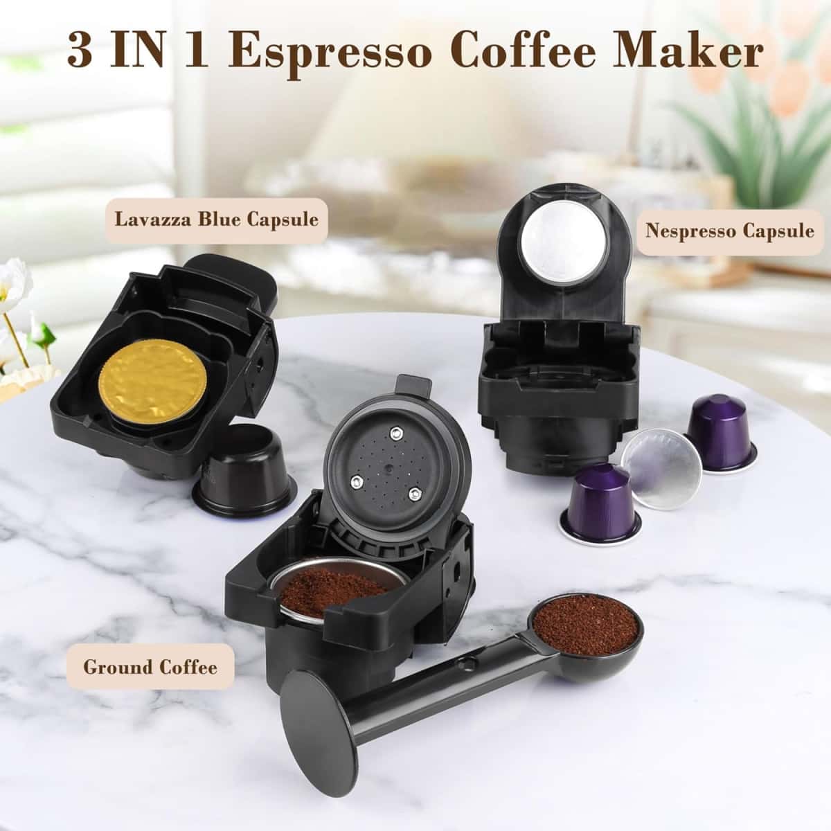 Espresso Maker for Nespresso Capsule, Lavazza Blue Capsule & Coffee Powder, 19 Bar Pump Pressure Makes Authentic Espresso Coffee, Mini Espresso Coffee Machines with Removable Water Tank.