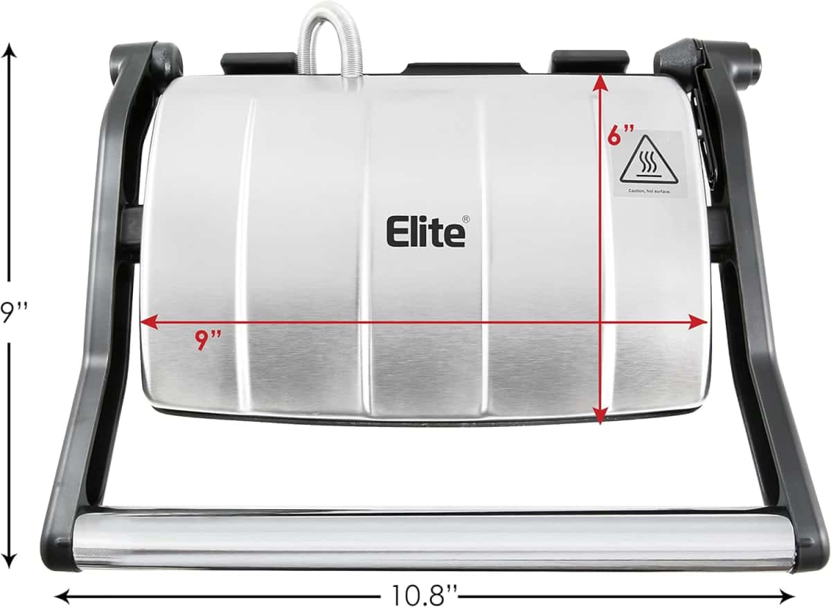 Elite Gourmet EPN-2976 2-in-1 Nonstick Panini Press & Indoor Grill, Opens 180-Degree Gourmet Sandwich Maker, Floating Hinge Fits All Foods, Contact Grill with Removable Grease Tray, Stainless Steel