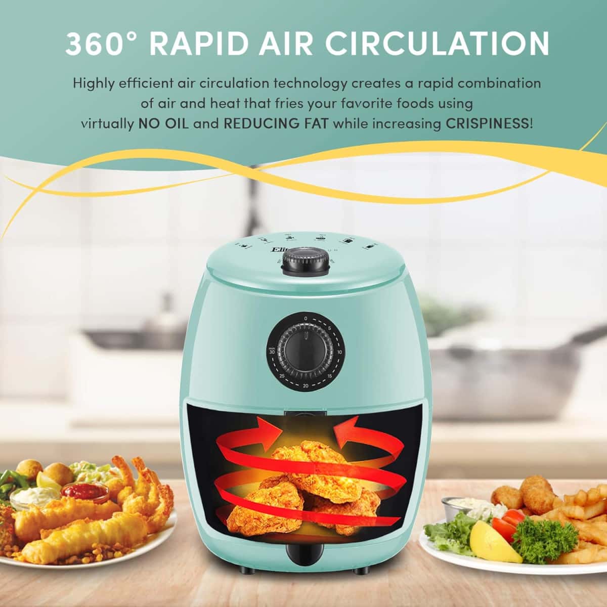 Elite Gourmet EAF0201BLX Personal Compact Space Saving Electric Hot Air Fryer Oil-Less Healthy Cooker, Timer & Temperature Controls, 1000W, 2.1 Quart, Mint