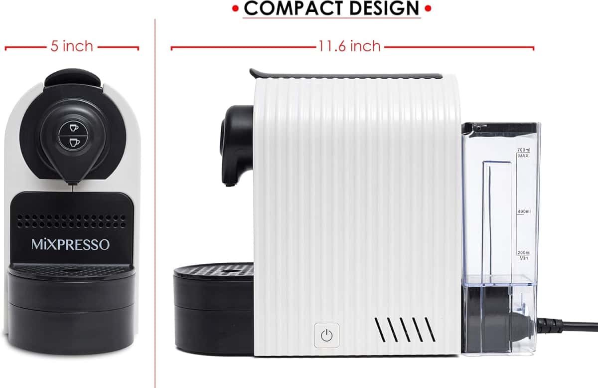 Mixpresso White Espresso Coffee Machine – Compact 1400W Single Serve Coffee Maker Compatible with Nespresso OriginalLine Capsules, One-Touch Operation, 19-Bar Italian Pump, 27oz Water Tank