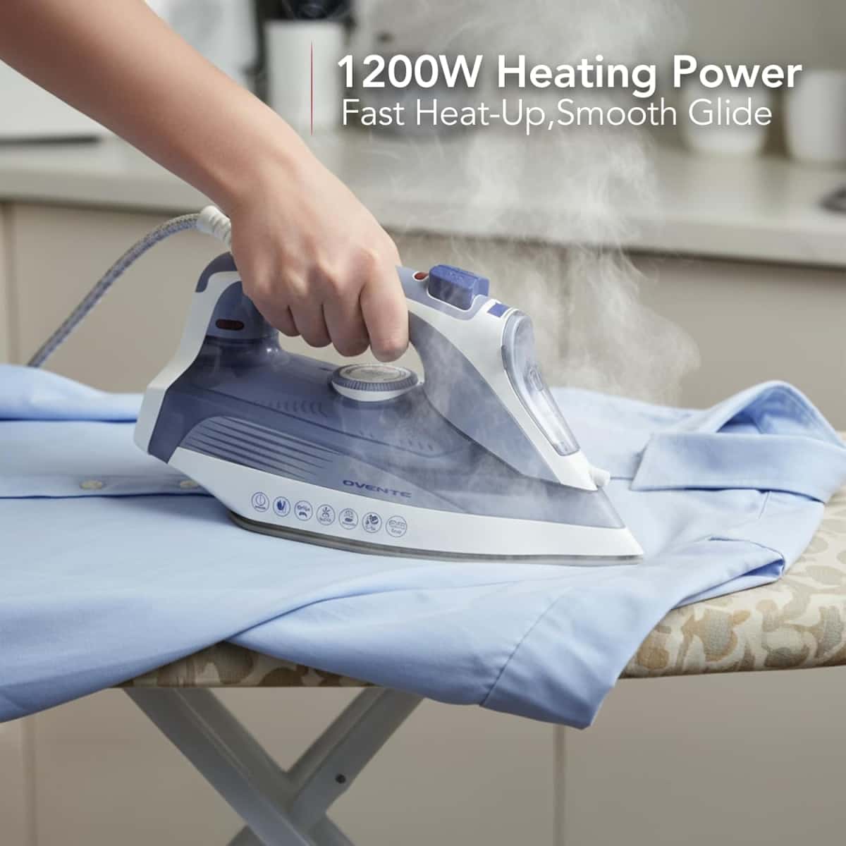 OVENTE Steam Iron for Clothes, 1200W Flat Iron with Non-Stick Ceramic Soleplate, Precise Thermostat Dial, Auto Shutoff, Self-Cleaning, Anti-Drip & 11.83oz Water Tank for Ironing Fabrics, Blue IRNL77BL