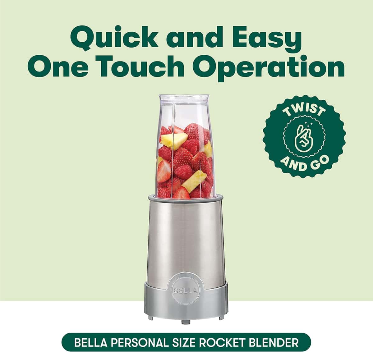 BELLA (13330) Personal Size Rocket Blender, Perfect for Smoothies & Healthy Drinks, Grinding, Chopping & Food Prep, 12 Piece Set, Stainless Steel/Chrome