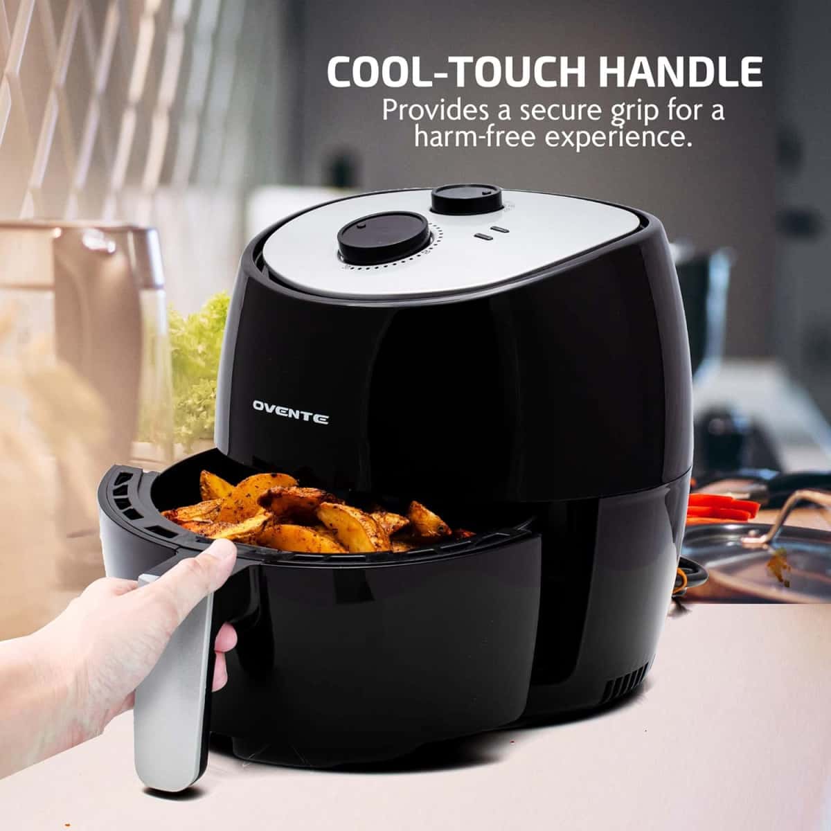 OVENTE Compact Air Fryer for Healthy and Oilless Cooking, 3.2 Qt Nonstick & Dishwasher Safe Basket, 1300W Electric Cooker w/ Adjustable Temperature Control, 30Min Timer & Auto Shutoff, Black FAM11320B